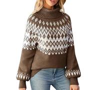 Womens Christmas Jumper Autumn and Winter Turtleneck Long Sleeve Sweater Ladies Xmas Retro Jacquard Sweater Casual Loose Fairisle Retro Pullover Classy Nordic Knitwear Outerwear Brown