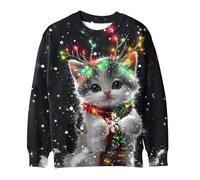 Womens Christmas Jumper Cute Cat 3D Printed Pullover, Ladies Straight Shoulder Sweatshirt Xmas Funny Blouse Round Neck Shirt Christmas Novelty Tops Happy Holidays Clothing Winter Comfy Loose Jumpers