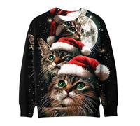 Womens Christmas Jumper Cute Cat 3D Printed Pullover, Ladies Straight Shoulder Sweatshirt Xmas Funny Blouse Round Neck Shirt Christmas Novelty Tops Happy Holidays Clothing Winter Comfy Loose Jumpers
