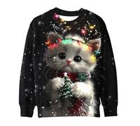 Womens Christmas Jumper Cute Cat 3D Printed Pullover, Ladies Straight Shoulder Sweatshirt Xmas Funny Blouse Round Neck Shirt Christmas Novelty Tops Happy Holidays Clothing Winter Comfy Loose Jumpers