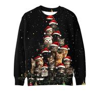 Womens Christmas Jumper Cute Cat 3D Printed Pullover, Ladies Straight Shoulder Sweatshirt Xmas Funny Blouse Round Neck Shirt Christmas Novelty Tops Happy Holidays Clothing Winter Comfy Loose Jumpers
