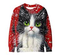 Womens Christmas Jumper Cute Cat 3D Printed Pullover, Ladies Straight Shoulder Sweatshirt Xmas Funny Blouse Round Neck Shirt Christmas Novelty Tops Happy Holidays Clothing Winter Comfy Loose Jumpers