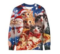 Womens Christmas Jumper Cute Cat 3D Printed Pullover, Ladies Straight Shoulder Sweatshirt Xmas Funny Blouse Round Neck Shirt Christmas Novelty Tops Happy Holidays Clothing Winter Comfy Loose Jumpers