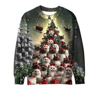 Womens Christmas Jumper Cute Cat 3D Printed Pullover, Ladies Straight Shoulder Sweatshirt Xmas Funny Blouse Round Neck Shirt Christmas Novelty Tops Happy Holidays Clothing Winter Comfy Loose Jumpers