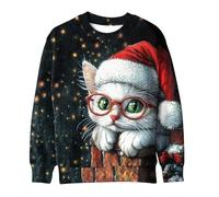 Womens Christmas Jumper Cute Cat 3D Printed Pullover, Ladies Straight Shoulder Sweatshirt Xmas Funny Blouse Round Neck Shirt Christmas Novelty Tops Happy Holidays Clothing Winter Comfy Loose Jumpers