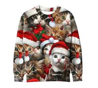 Womens Christmas Jumper Cute Cat 3D Printed Pullover, Ladies Straight Shoulder Sweatshirt Xmas Funny Blouse Round Neck Shirt Christmas Novelty Tops Happy Holidays Clothing Winter Comfy Loose Jumpers