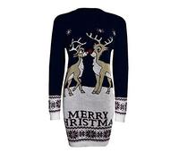Womens Christmas Jumper Dress - Merry Christmas Knitted Sweater, Ladies Novelty Xmas Party Long Sleeve Tunic Dress Winter Knitwear Pullover (Twin Reindeer Merry Christmas Navy, XXL)