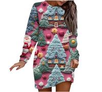Women's Christmas Jumper Dress - Santa Claus Print Sweatshirt, Xmas Tree Graphic Long Sleeve Winter Casual Crew Neck Tunic Skirt - Funny Party Costume