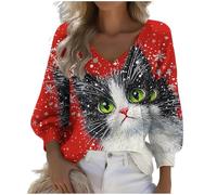 Women's Christmas Jumper Ladies Funny Novelty Graphic Sweatshirt Cute Cat Animals Pullover Oversized Xmas Tree Sequin Printed Sweatshirts Long Sleeve Xmas Snowflake Shirts Plus Size Christmas Top