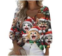 Women's Christmas Jumper Ladies Funny Novelty Graphic Sweatshirt Cute Cat Animals Pullover Oversized Xmas Tree Sequin Printed Sweatshirts Long Sleeve Xmas Snowflake Shirts Plus Size Christmas Top