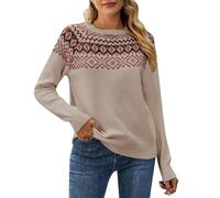 Womens Christmas Jumper Long Sleeve Crew Neck Retro Jacquard Sweater Ladies Xmas Jumpers Classy Nordic Knitwear Fairisle Jumper Khaki