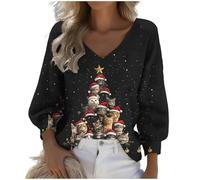 Women's Christmas Jumper Merry Christmas Fashion V-Neck Long Sleeve Top Xmas Cat Print Pullover Cute Graphic Santa Sweatshirt Snowman Gift Reindeer Tops Ugly Xmas Sweater for Women