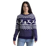 Womens Christmas Jumper Pullover Classic-Fit Long Sleeve Crazy Fashion Knitted Crew Neck Retro Reindeer Fairisle Casual Winter Essential Xmas Gift Ladies Size S to XXL (Navy, L)