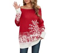 Women's Christmas Jumper Snowflake Print Warm Off Shoulder Sexy Long Sleeve Christmas Pattern Sweater Chic and Elegant Autumn Winter Christmas Long Soft Casual Xmas Sweater, Red, S