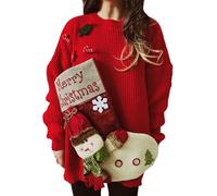 Womens Christmas Jumpers,Christmas Jumper Funny,Women's Autumn and Winter Loose Round Neck Long Sleeve Solid Knit Pullover Sweater Knit Turtleneck Men (Red, XXL)&