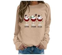 Womens Christmas Jumpers Christmas Tops Funny Christmas Drink Drank Drunk Snowmen Casual Top Long Sleeve Sweatshirt Pullover Casual Sweatshirt Blouse Round Neck Loose Tunic Top Khaki