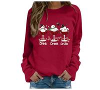 Womens Christmas Jumpers Christmas Tops Funny Xmas Drink Drank Drunk Snowmen Casual Top Long Sleeve Sweatshirt Pullover Casual Sweatshirt Blouse Round Neck Loose Tunic Top Xmas Gifts Red