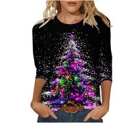Womens Christmas Jumpers Loose Tunic 3/4 Sleeve Tops Ugly Xmas Tree Round Neck T-Shirts Sequin Pullover Ladies Tops Dressy Party Blouses Casual Holiday Sweatshirt Plus Size S-4XL