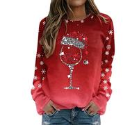 Women's Christmas Jumpers UK, Festive Wine Glass & Snowflake & Reindeer Print Crewneck, Soft Brushed Interior Jumper with Timeless Christmas Icons, Ideal for Christmas Photoshoots