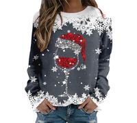 Women's Christmas Jumpers UK, Festive Wine Glass & Snowflake & Reindeer Print Crewneck, Soft Brushed Interior Jumper with Timeless Christmas Icons, Ideal for Christmas Photoshoots