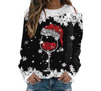 Women's Christmas Jumpers UK, Festive Wine Glass & Snowflake & Reindeer Print Crewneck, Soft Brushed Interior Jumper with Timeless Christmas Icons, Ideal for Christmas Photoshoots