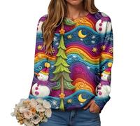 Women's Christmas Jumpers Xmas Long Sleeve Neck Sweatshirt Tree Print Pullover Ladies Tops Funny Christmas Jumpers UK Classic Crew Workout Shirts Loose Blouse Wide Hooded Red Wine Glass Pattern