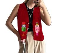 Womens Christmas Knit Vests V Neck Sleeveless Button Front Crochet Cardigan Cute Pattern Embroidered Vintage Vest Tops (Cute Red, L)