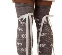 Womens Christmas Knitted Thigh High Socks With Lace Up Bows Snowflake Print Over Knee Boot Stockings Winter Leg Warmers Traditional Christmas Designs