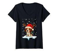 Womens Christmas Light Reindeer Santa Hat American Foxhound Xmas V-Neck T-Shirt