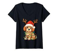 Womens Christmas Light Reindeer Santa Hat Cockapoo Xmas V-Neck T-Shirt