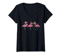 Womens Christmas Lights Pink Flamingo Lover Santa Elf Reindeer Xmas V-Neck T-Shirt