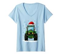 Womens Christmas Lights Wrapped Around Cute Green Tractor Lover V-Neck T-Shirt