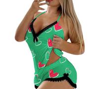 Womens Christmas Lingerie Set Womens Silk Pyjamas, Satin Pyjamas Sets Ladies Silky Sleepwear 3 Piece Short Sleeve Pjs Set Button Down Loungewear S-XXL Ladies Gifts Sex Outfit (Green, L)