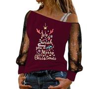 Womens Christmas Long Sleeve Jumper Pullover Off The Shoulder Tops See Sheer Sleeves Xmas Sweatshirt Mery Xmas Reindeer Printed Sizes S-XXL Wine
