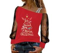 Womens Christmas Long Sleeve Jumper Pullover Off The Shoulder Tops See Sheer Sleeves Xmas Sweatshirt Mery Xmas Reindeer Printed Sizes S-XXL Red