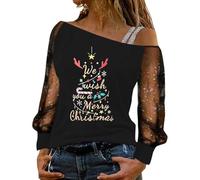 Womens Christmas Long Sleeve Jumper Pullover Off The Shoulder Tops See Sheer Sleeves Xmas Sweatshirt Mery Xmas Reindeer Printed Sizes S-XXL Black