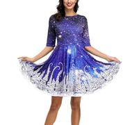 Womens Christmas Midi Dress 3/4 Sleeve A-Line Dress Santa Xmas Reindeer Snowflake Gingerbread Tree Printed Novelty Swing Dress Blue