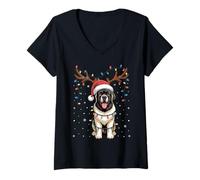 Womens Christmas Newfoundland Dog Santa Reindeer Xmas Pet Dogs V-Neck T-Shirt