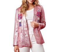 Women's Christmas Nutcracker Blazer Sequin Nutcracker Jacket Christmas Blazer Shiny Suit Jacket Open Front Glitter Party Rave Coat (A-Pink, XL)