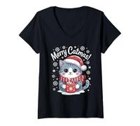 Womens Christmas Outfit Kawaii Cat Santa Hat Hot Cocoa Merry Catmas V-Neck T-Shirt