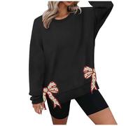 Women'S Christmas Oversize Crewneck Sweatshirt Long Sleeve Pullover Top With Side Bow Appliqué Holiday Casual Comfort Women'S Hoodies Stretch Fit Sweatshirts (4-Black, S)