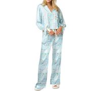 Womens Christmas Pajama Sets 2 Piece Satin Silk Long Sleeve Bow Tie Lapel Button Up Shirt Pants Funny Graphic Sleepwear (M-Blue, L)