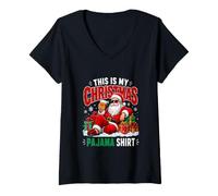 Women's Christmas Pajama Shirt Santa Sunglasses Drinking Bourbon V-Neck T-Shirt