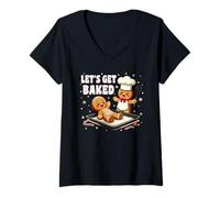 Womens Christmas Pajamas Funny Gingerbread Let's Get Baked Baking V-Neck T-Shirt
