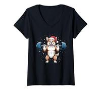 Womens Christmas Pembroke Welsh Corgi Dog Weightlifting Deadlift V-Neck T-Shirt