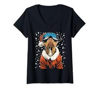Womens Christmas Pit Bull Ski Goggles Santa Dog Skier Snowboarder V-Neck T-Shirt