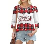 Women's Christmas Print 3/4 Bubble Sleeve Button Detail Top - Versatile Casual & Smart Blouse, Plus Size Clothing (UK, Alpha, M, Regular, Regular, Christmas style08)