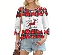 Women's Christmas Print 3/4 Bubble Sleeve Button Detail Top - Versatile Casual & Smart Blouse, Plus Size Clothing (UK, Alpha, S, Regular, Regular, Christmas style09)
