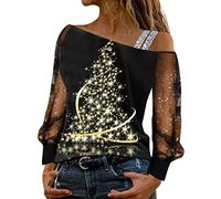 Women's Christmas Print Tunic Top Off Shoulder Sequins, Sexy Women's Long Sleeve Splicing Top Large Size Christmas Tee Shirt Chic and Elegant Casual Merry Christmas Pullover Sweatshirt