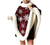 Womens Christmas Printed Plush Warm Homewear Cape Shawl with Extra Thick Furry Collar, Ideal for Winter Holidays, Xmas Parties & Gifting, Soft Fleece Outerwear with Stylish Faux Fur Trim
